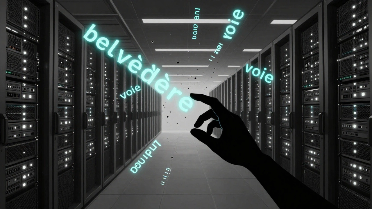 Abstract data center with floating French words as digital debris under cold lights.