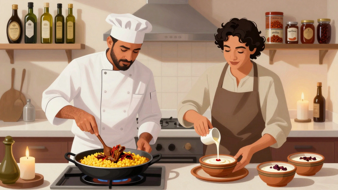 Emirati and Spanish chefs cooking together, preparing lamb tagine and rosewater crema catalana.