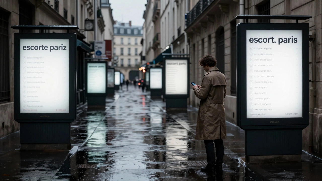 Rainy Paris alley with flickering misspelled search terms reflected in puddles.