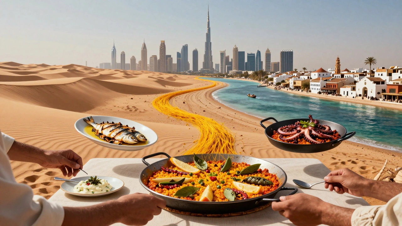 Surreal fusion map linking Dubai and Barcelona through shared culinary traditions.